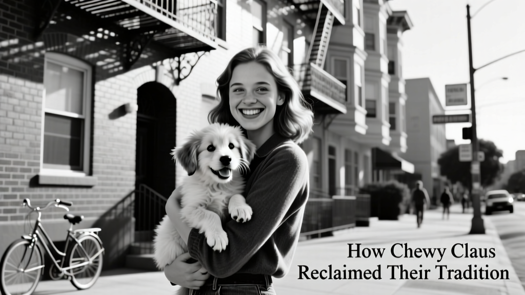 Black-and-white photo of young Brooke holding tiny Dray, both smiling broadly outside a San Francisco apartment building