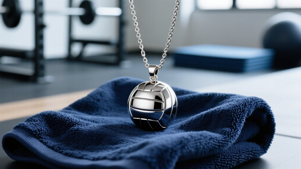 Polished steel volleyball pendant on a box chain resting on a navy sports towel under bright gym lighting