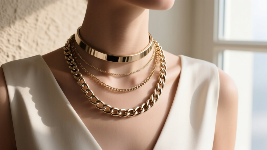 Layered necklaces featuring a 26-inch endless box chain and a 16-inch choker, highlighting clasp-free styling on a V-neck top