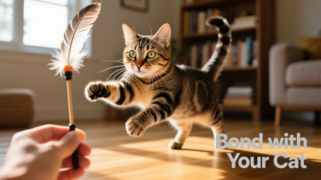 A cat actively playing with a feather wand toy held by a hand, showing engagement and joyful movement