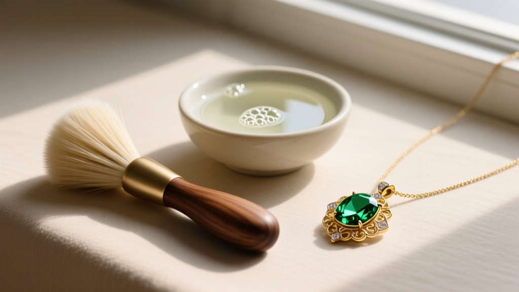 Flat lay of jewelry cleaning tools, a soft horsehair brush, mild soap bowl, and a polished peridot and gold pendant necklace.
