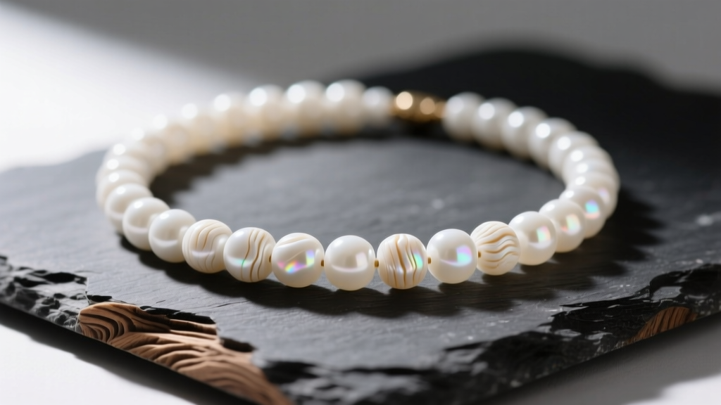 Macro shot of a genuine white coral bead necklace on dark slate, showing subtle organic wood-grain surface texture and soft luster