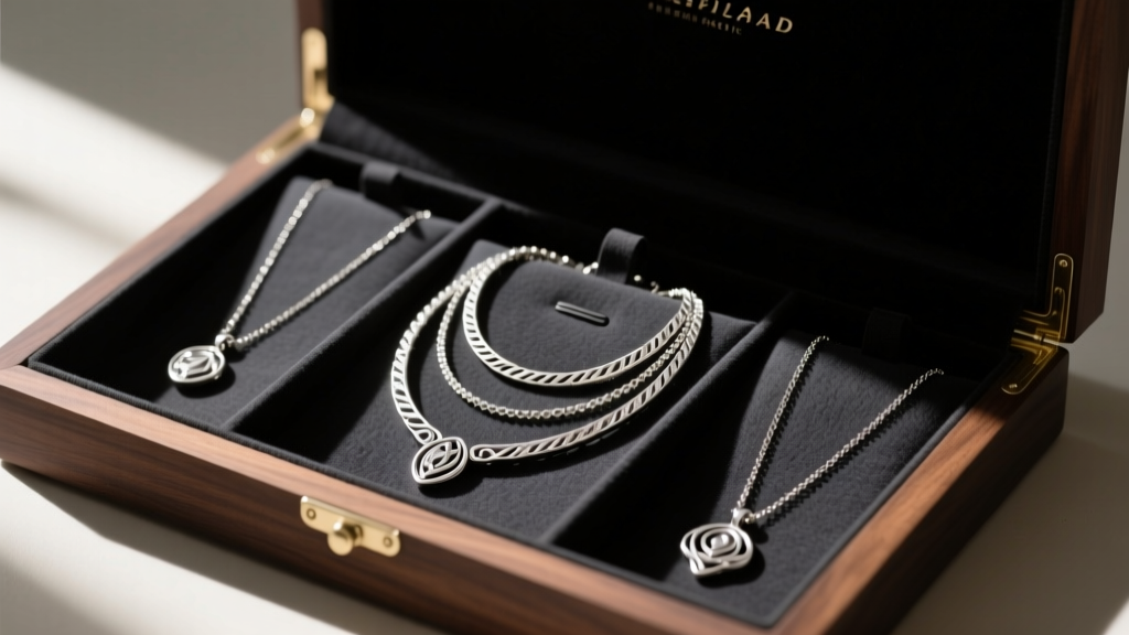 Sterling silver necklaces neatly arranged on dark anti-tarnish Pacific cloth inside a lined wooden jewelry box, soft lighting.