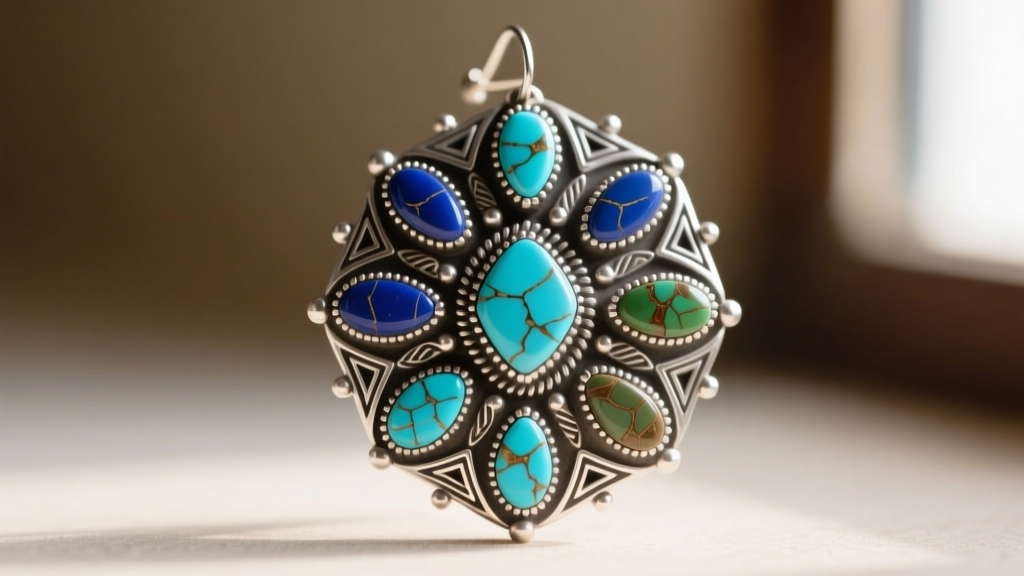 Macro shot of intricate silver bezel settings holding tiny needlepoint turquoise stones in a vintage Zuni cluster earring.