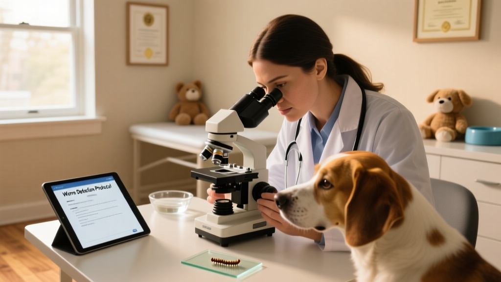 Veterinarian examining a dog’s stool sample under microscope in clinic setting