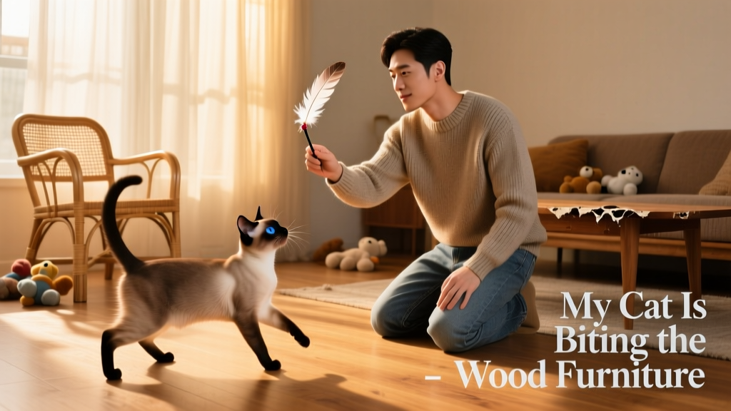 Owner playing with Siamese cat using a feather wand toy, both focused and engaged