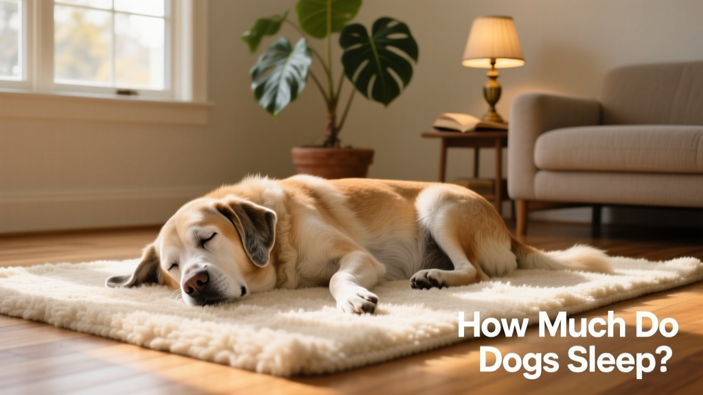 A senior dog lying peacefully on a soft rug, eyes half-closed.
