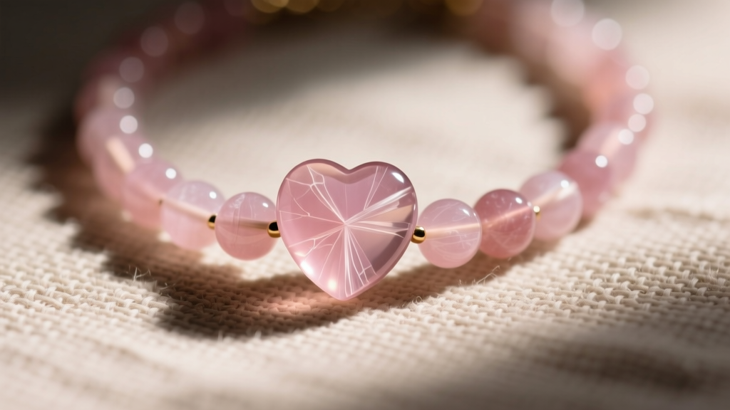 Macro shot of a 12mm rose quartz heart bead necklace on linen, showing smooth polish and natural stone inclusions in soft daylight