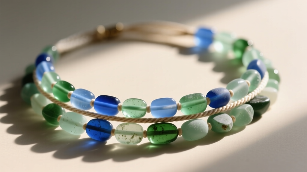 Close up of multi-strand sea glass bead necklace featuring frosted cobalt blue and emerald green gems on silk cord in soft sunlight
