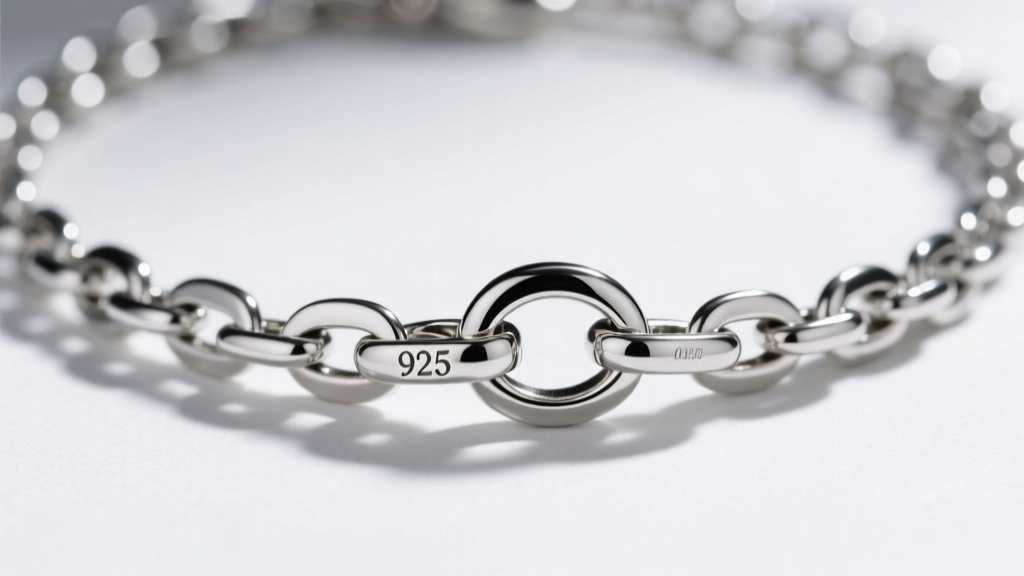 Macro view of a silver chain necklace showing 2.5mm gauge thickness, laser-engraved 925 hallmark, and a secure spring ring clasp.