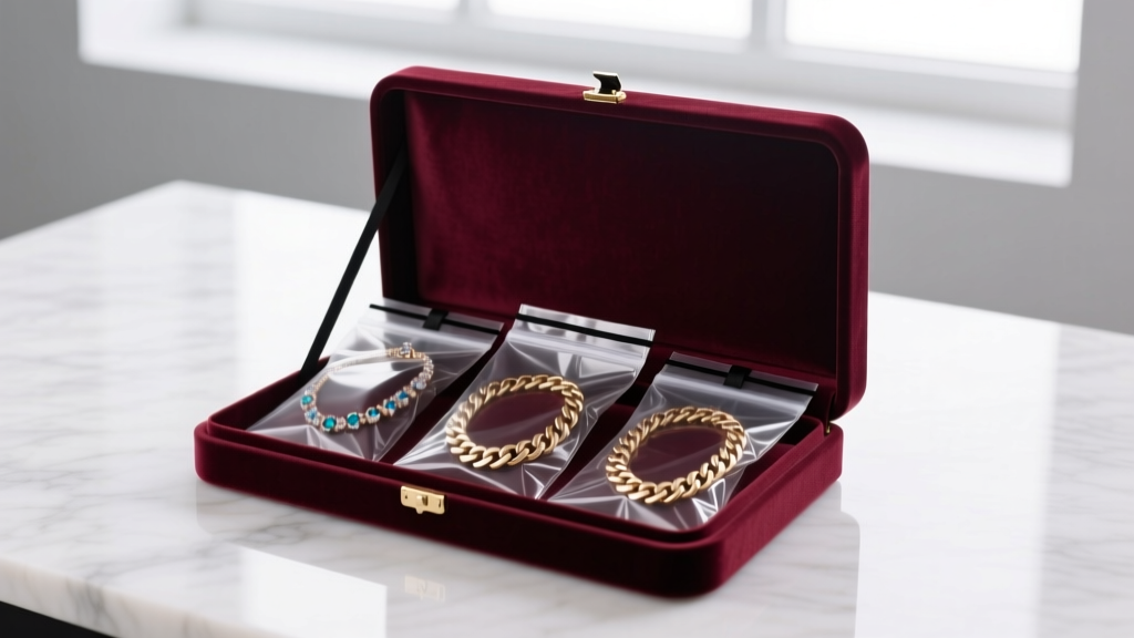 Velvet jewelry box containing coiled fashion chain necklaces, each sealed in a clear plastic bag with a black anti-tarnish strip.