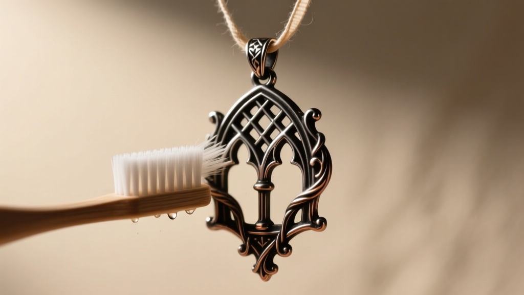 Soft toothbrush gently scrubbing intricate oxidized silver filigree of a gothic pendant under warm directional lighting