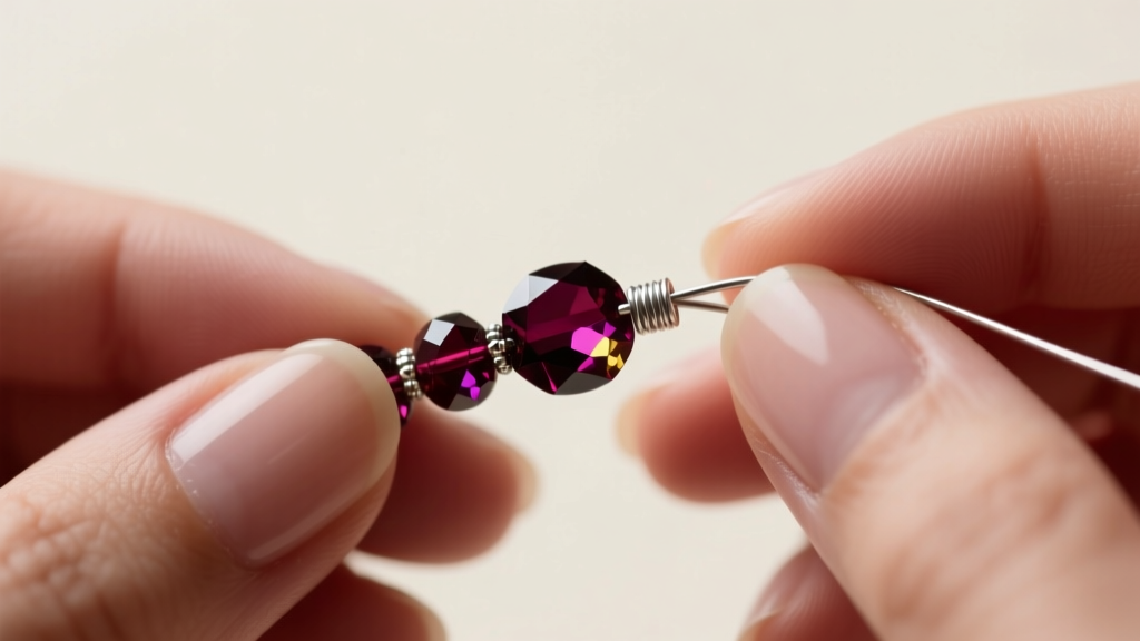 Close-up of hands restringing dark faceted spinel beads onto a 0.024-inch stainless steel beading wire using silver crimp covers