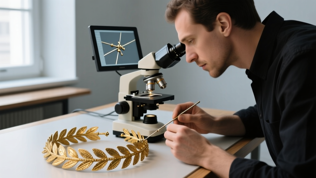 Jeweler using a digital microscope to examine solder joints on an ancient Greek gold laurel wreath for authentication and valuation.