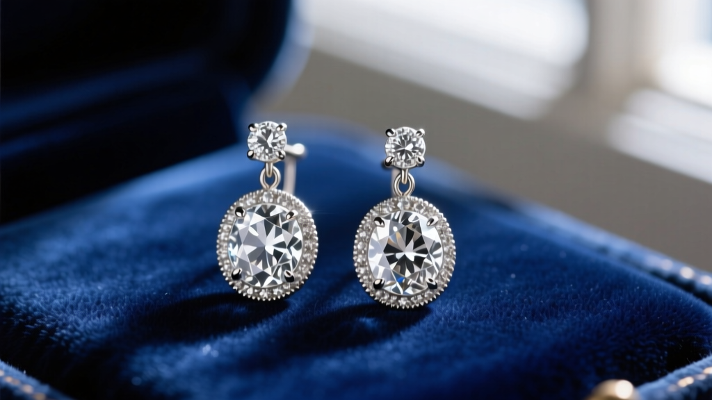Close-up of a pair of Edwardian platinum and old European cut diamond drop earrings resting on dark blue velvet, softly lit.