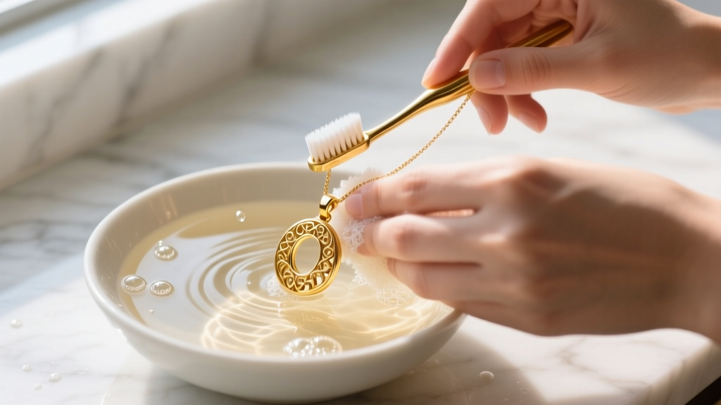 Hands gently scrubbing an 18k gold pendant necklace with a soft toothbrush in a bowl of warm soapy water cleaning solution.