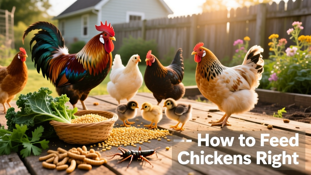 A mixed flock enjoying a variety of treats scattered across a sunny run—grains, greens, and dried insects visible