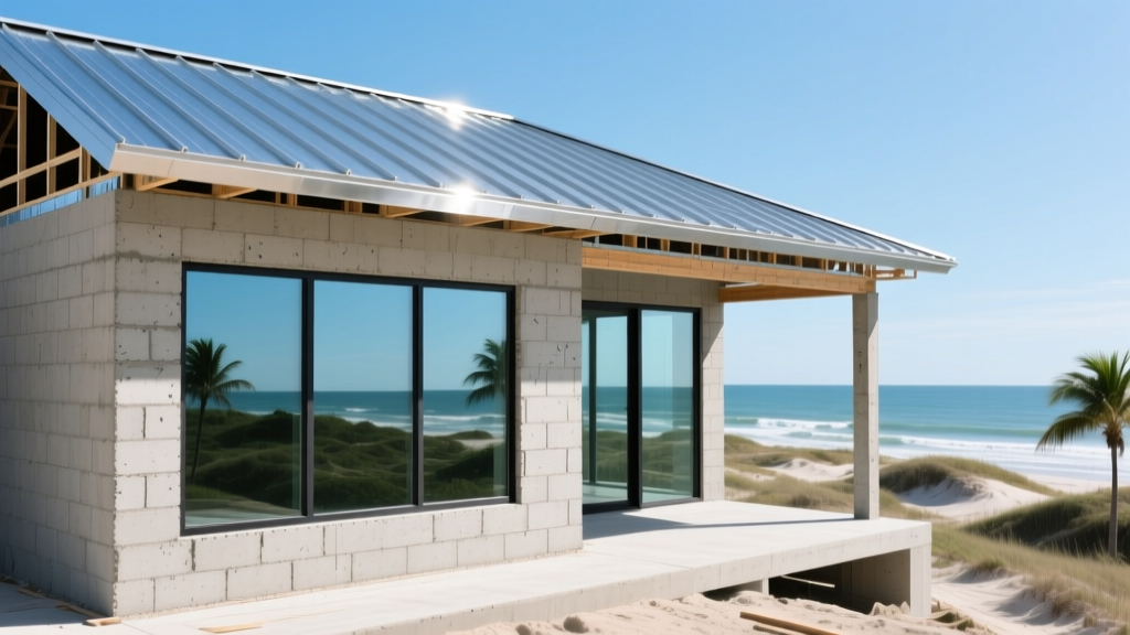 Modern Florida coastal home under construction showing exposed concrete block walls, impact-resistant windows, and a Galvalume metal roof being installed