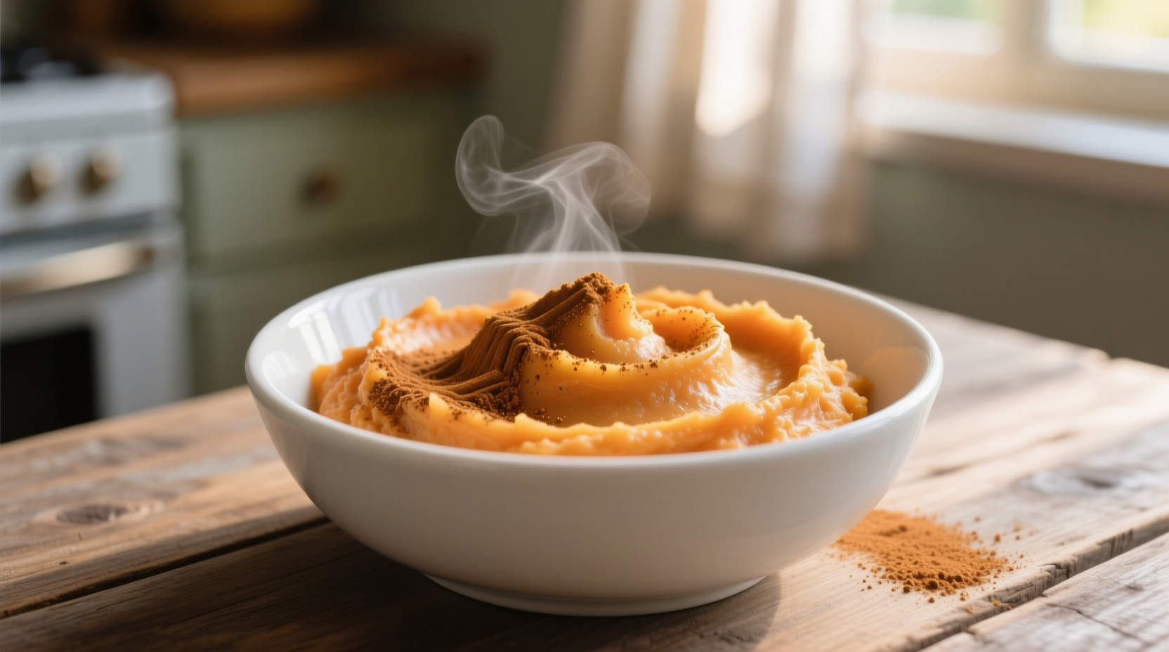 Creamy sweet potato mash in white bowl with cinnamon sprinkle