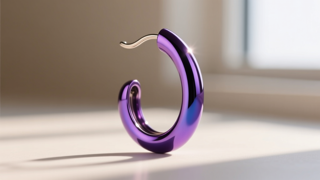 Side profile of an anodized purple niobium ear hook earring catching light, showing the smooth seamless curve of the French wire