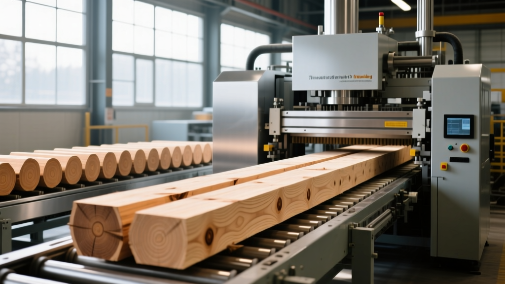 Industrial machine stress grading facility scanning spruce timber for modulus of elasticity and structural classification