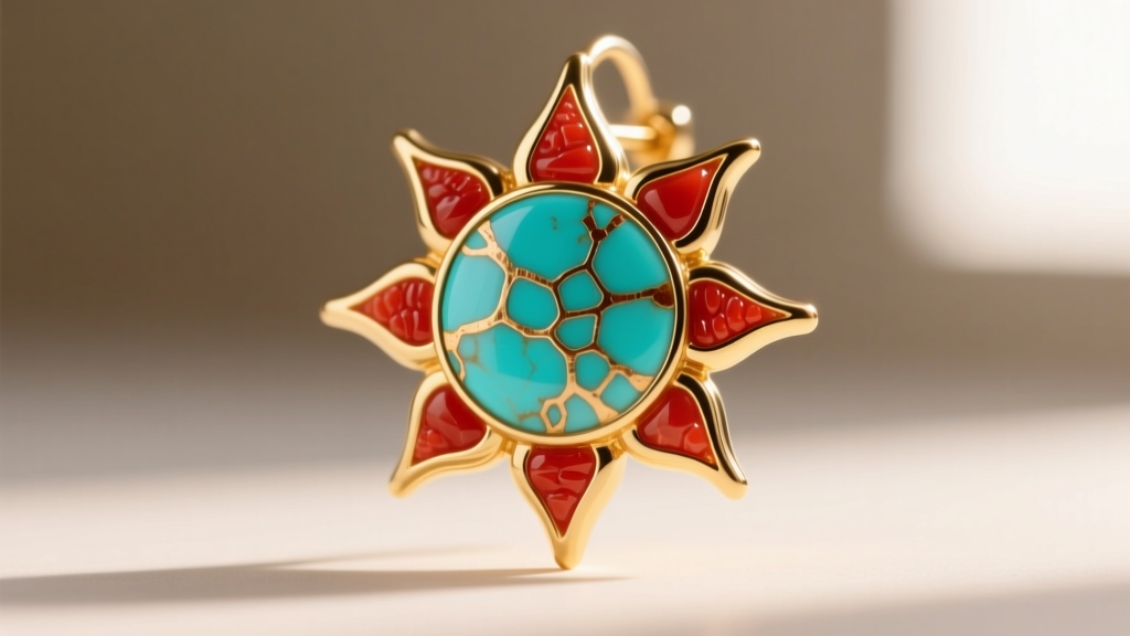 Close-up of a sun face earring featuring stabilized turquoise and red coral inlay, highlighting matrix veins and smooth polish.
