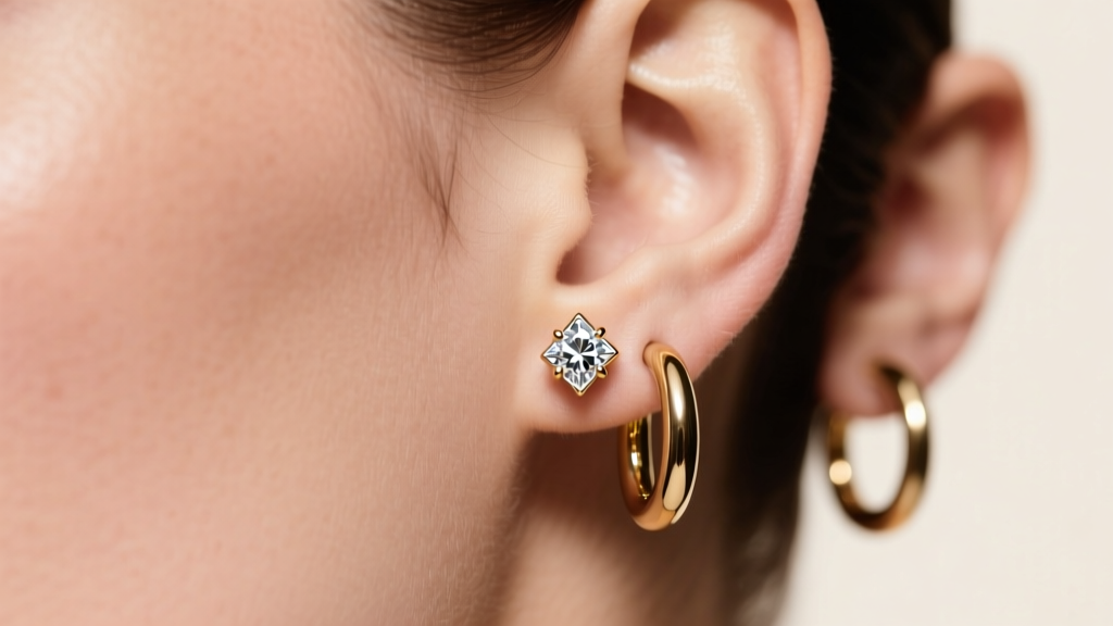 1980s single right-ear diamond stud contrasted with modern 2026 gender-fluid bilateral gold huggie hoops on neutral background