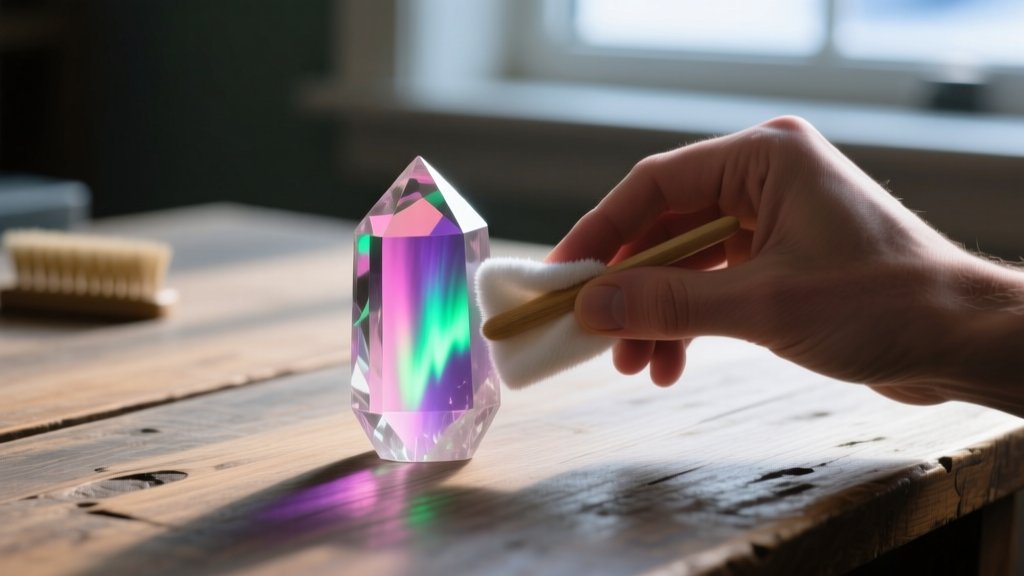 Hands wiping a vintage aurora borealis crystal with a microfiber swab on a wooden desk, carefully avoiding harsh bristle brushes.