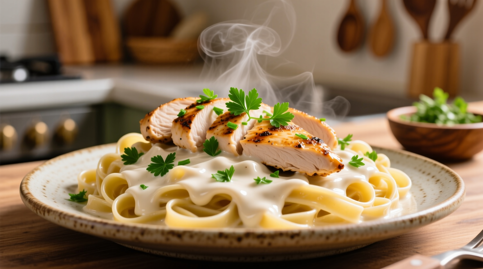 Creamy chicken alfredo pasta with fresh parsley