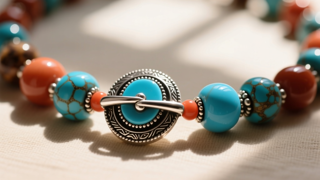 Macro shot of a sterling silver toggle clasp on a heavy coral and turquoise beaded squash blossom necklace under natural sunlight.