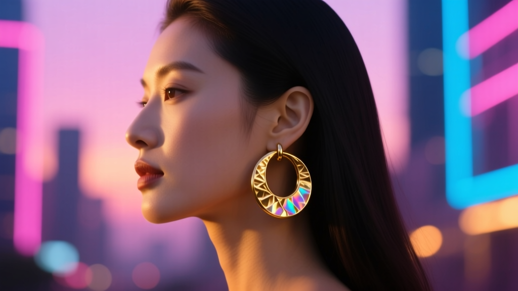 Side profile of a woman wearing 50mm hammered gold 80s hoop earrings against a softly blurred neon cityscape background at dusk.