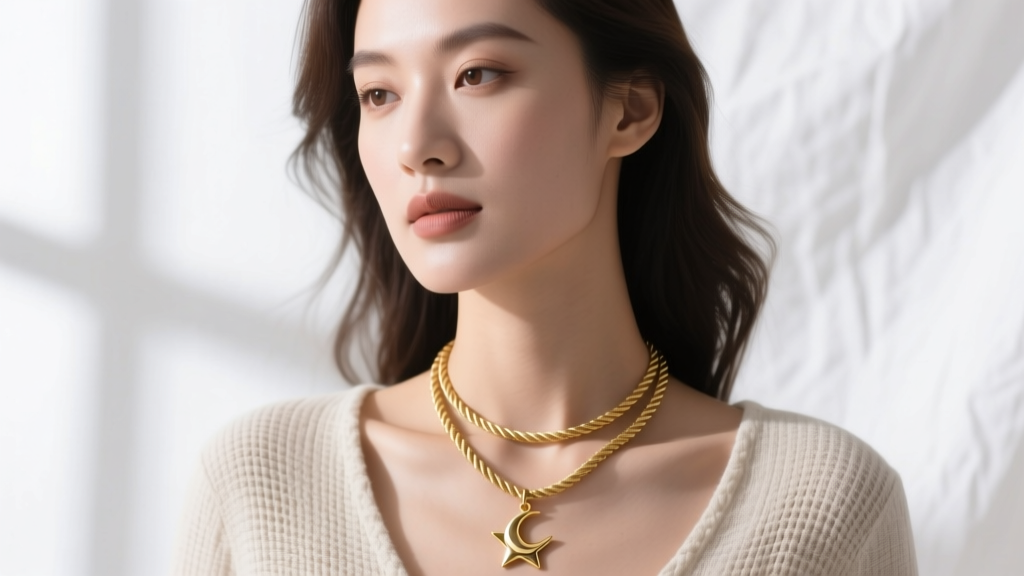 Portrait of a woman wearing a layered 16-inch gold star moon necklace and an 18-inch plain rope chain against a white linen top.