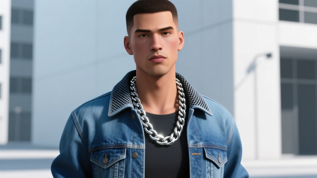 3D rendered male Sim wearing a thick Cuban chain over a denim jacket, highlighting mesh clipping at the collar in Create-A-Sim.