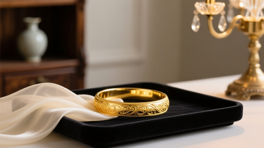 A soft cloth gently polishing a 24k pure gold bangle on a dark velvet tray, illuminated by warm, elegant ambient room lighting.
