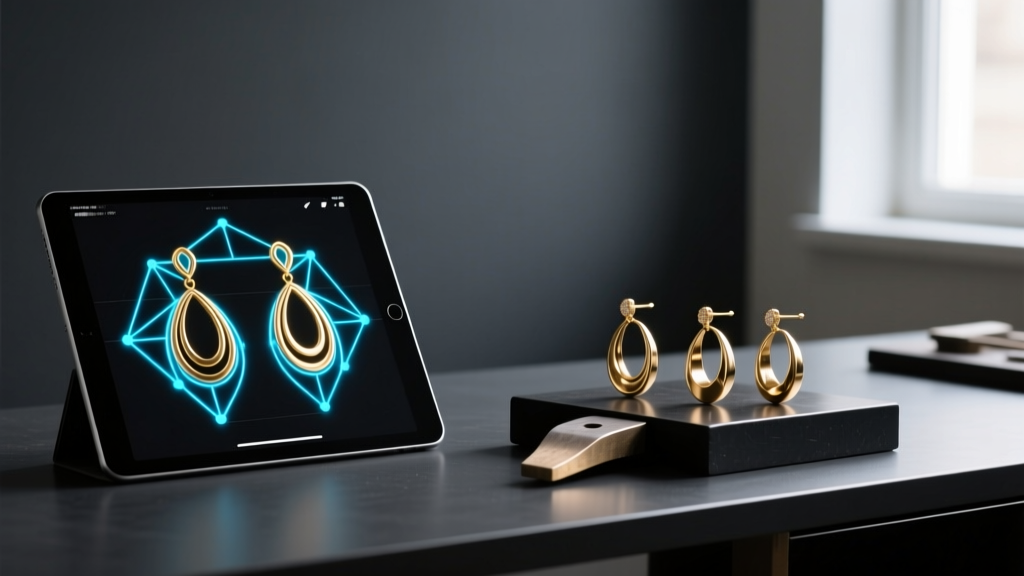 Tablet displaying vector nodes of an earring design beside brass prototypes on a dark jeweler's workbench in soft light.