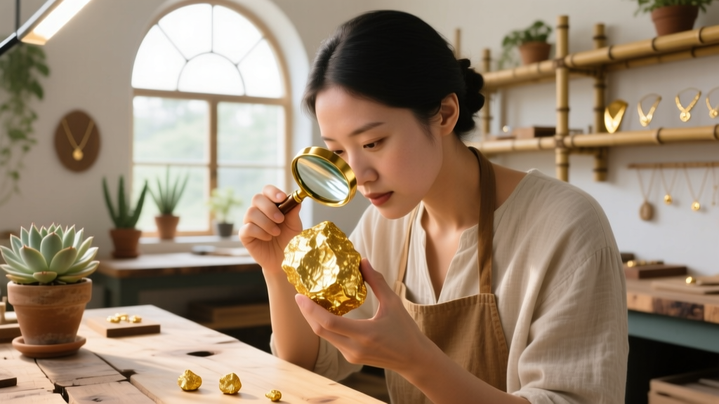 Jeweler inspecting a raw Fairmined gold nugget under a magnifying loupe in a sunlit, eco-friendly jewelry workshop setting