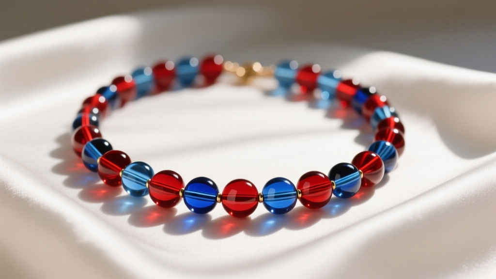 Vibrant elekes necklace with alternating red and blue glass beads resting on white satin cloth under warm natural lighting.