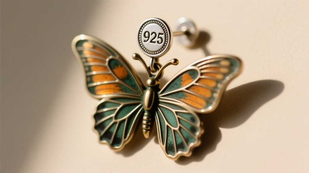 Extreme close-up of a vintage 1980s butterfly earring post showing a stamped 925 silver hallmark and slight patina on the metal.