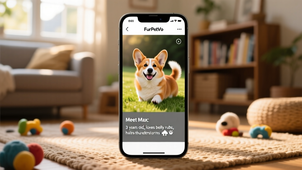 Screenshot-style image showing a friendly, mobile-optimized FurPetVo profile page for a Corgi with photos and bio text