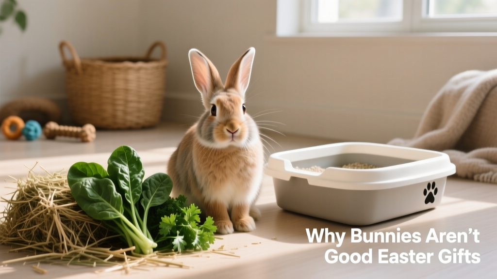 A calm, well-socialized rabbit sitting beside fresh hay, leafy greens, and a clean litter box
