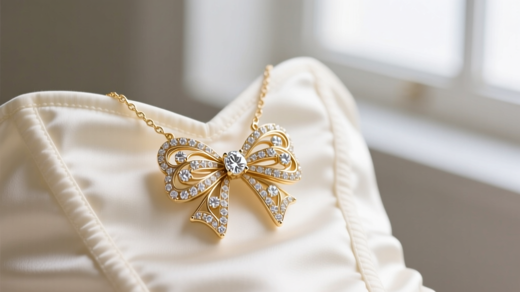 Close-up of an 18k white gold Sévigné bow pendant with Old Mine diamonds, resting on a pale silk corset in soft natural lighting.