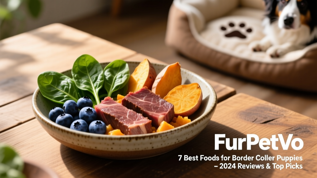 Close-up of FurPetVo Fresh Beef with Sweet Potatoes served in a ceramic bowl beside fresh blueberries and spinach