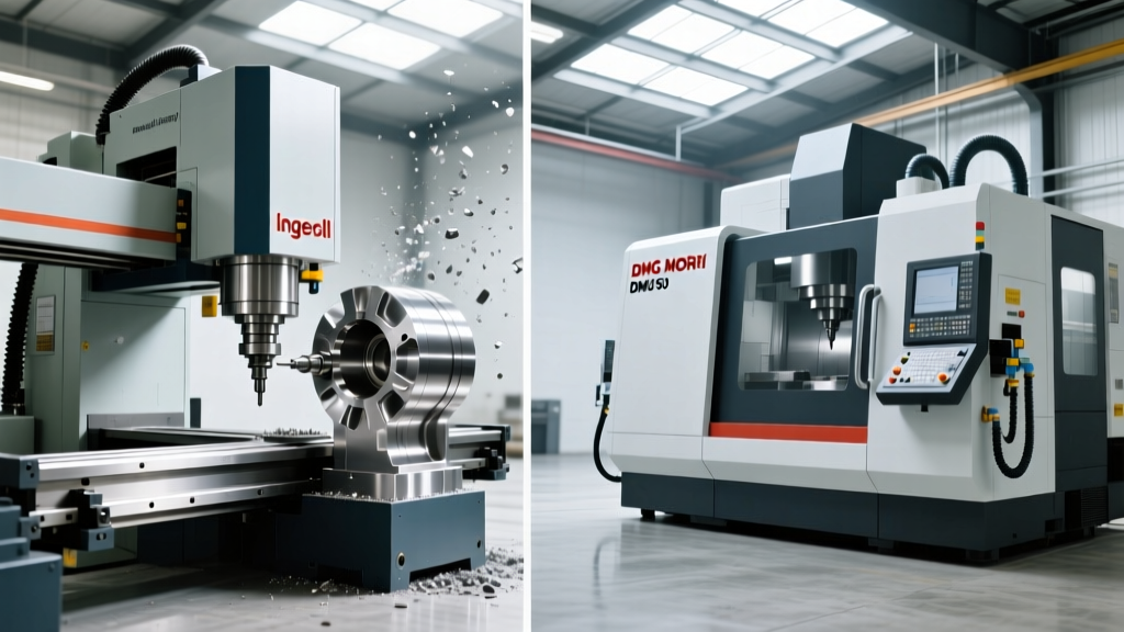 Side-by-side comparison of an Ingersoll Gantry 5-axis mill and a DMG MORI DMU 50 machining an aerospace titanium structural mold cavity