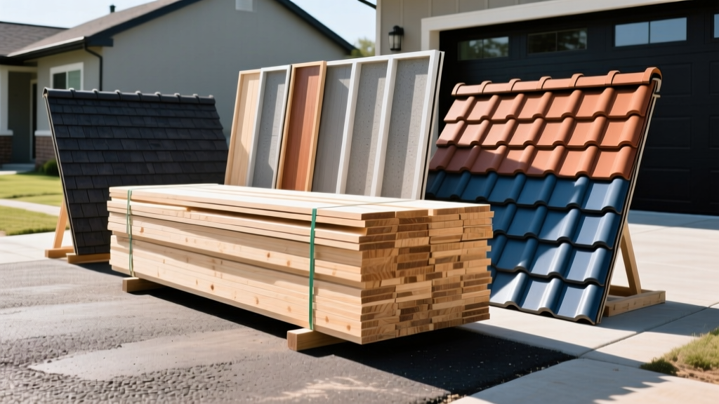 Stacked bundles of SPF lumber, fiber cement siding panels, and architectural shingles on a residential construction site driveway