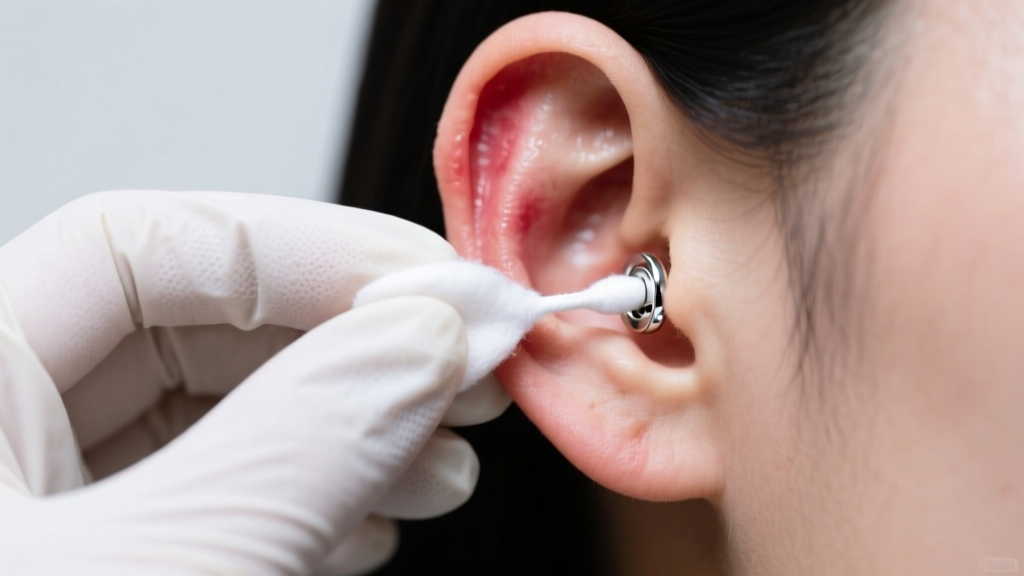 Gloved hands using a saline-soaked swab to loosen a tight silver earring back on a swollen earlobe under bright clinical lighting