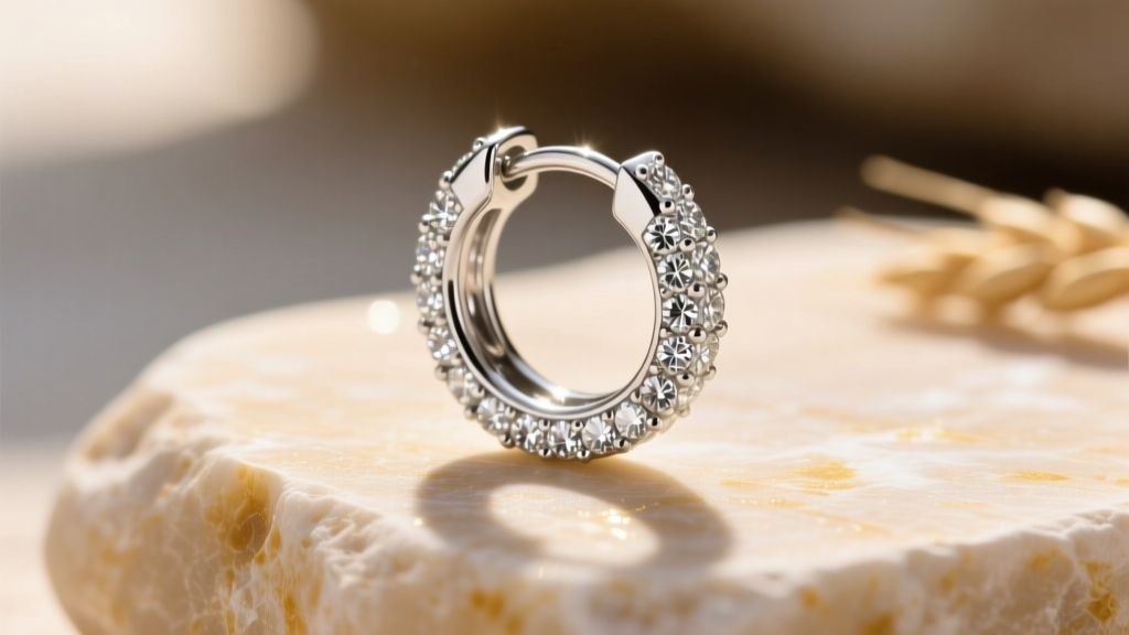 Macro photography of a platinum huggie earring with pavé diamonds, resting on a sunlit stone surface with subtle reflections of warm light