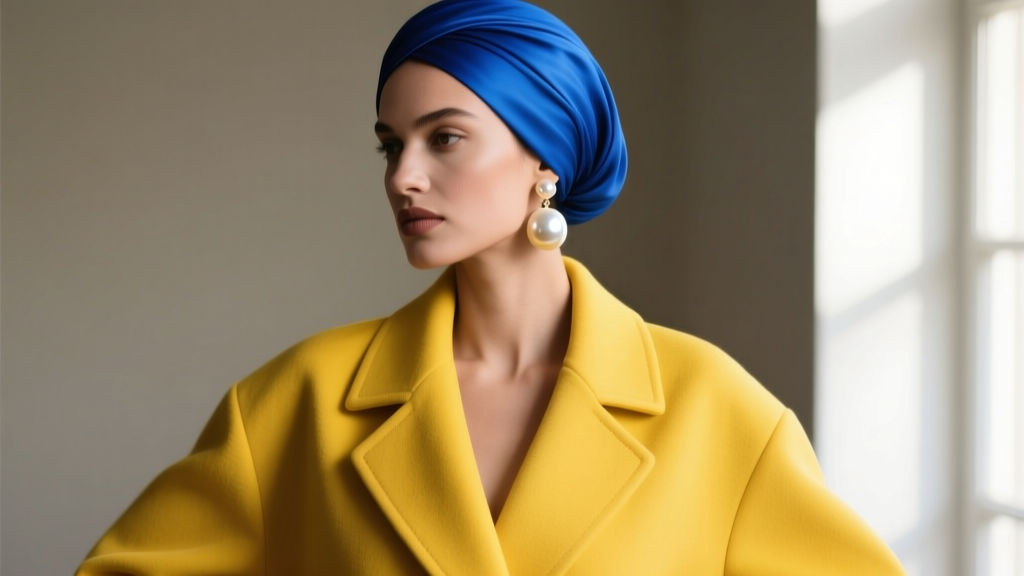 Editorial fashion photo of a woman in a cobalt blue turban and yellow jacket, styled with a single oversized pearl drop earring