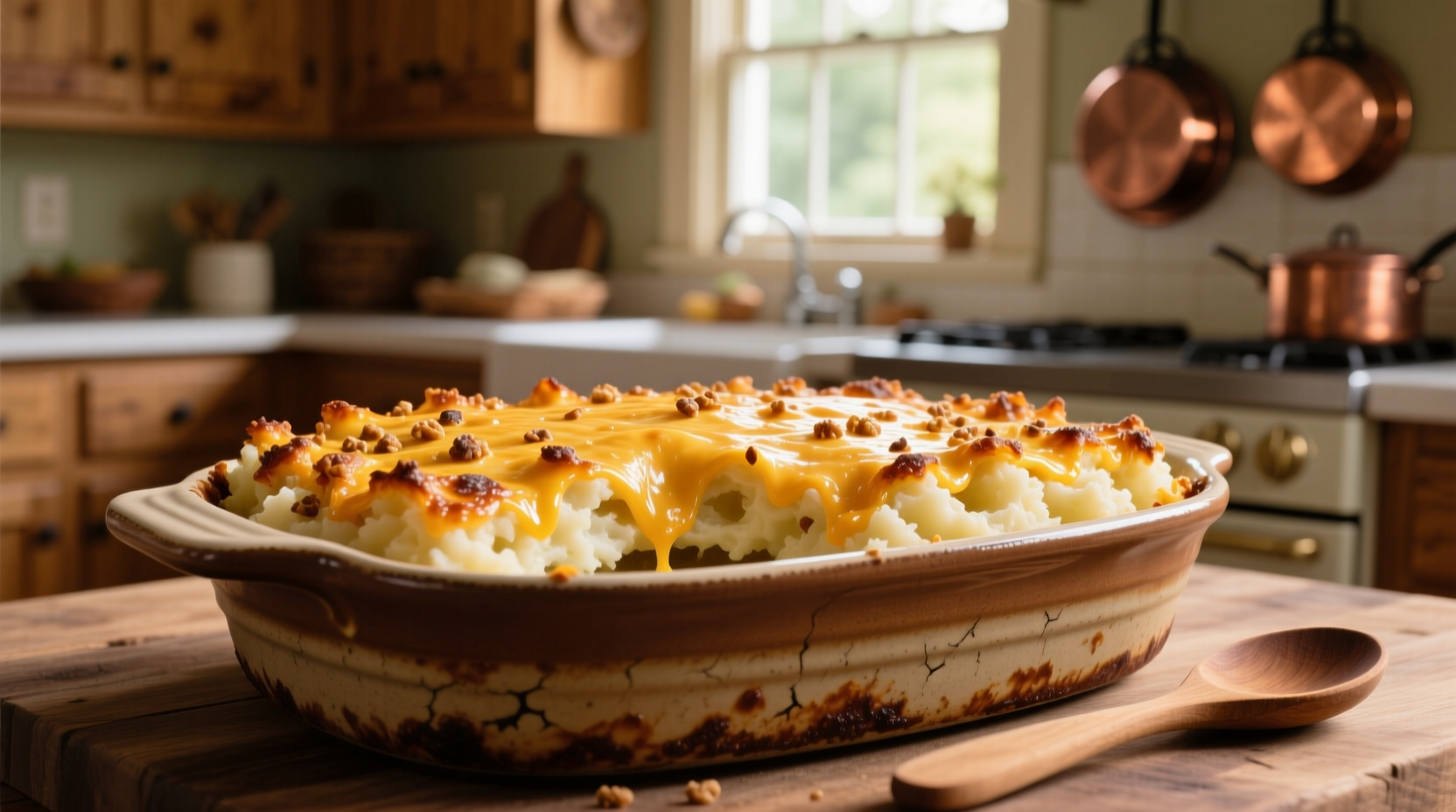 Golden brown mash potato casserole with crispy cheese topping