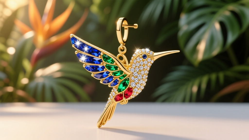 Side profile of an 18k gold hummingbird dangle earring with micro-pave diamond wings against a blurred botanical background.
