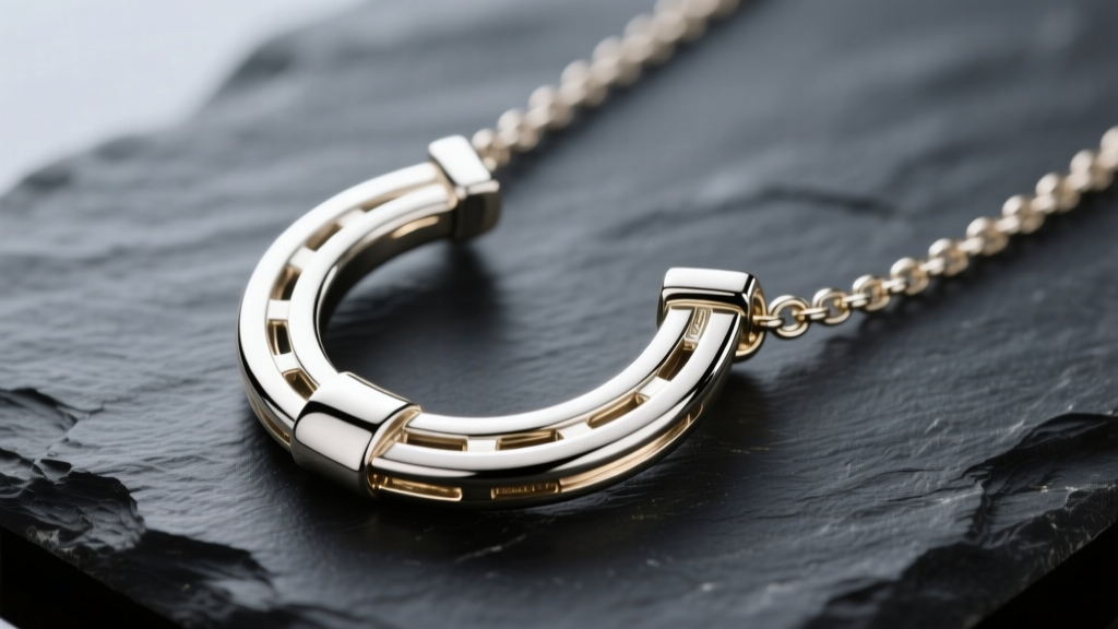 Macro shot of a polished 18k white gold horseshoe necklace on dark slate, highlighting the bright rhodium finish and sturdy bail.